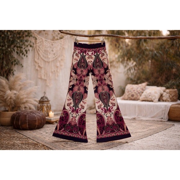 Venus Pants - Paisley Flare Pants Silky Boho 70s High Rise Side Zip Festival Pants Size 6